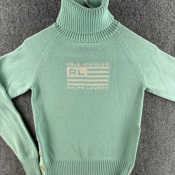 Ralph Lauren Polo Jeans Women Flag Sweater Light Blue Turtleneck Small Cotton - Picture 1 of 16